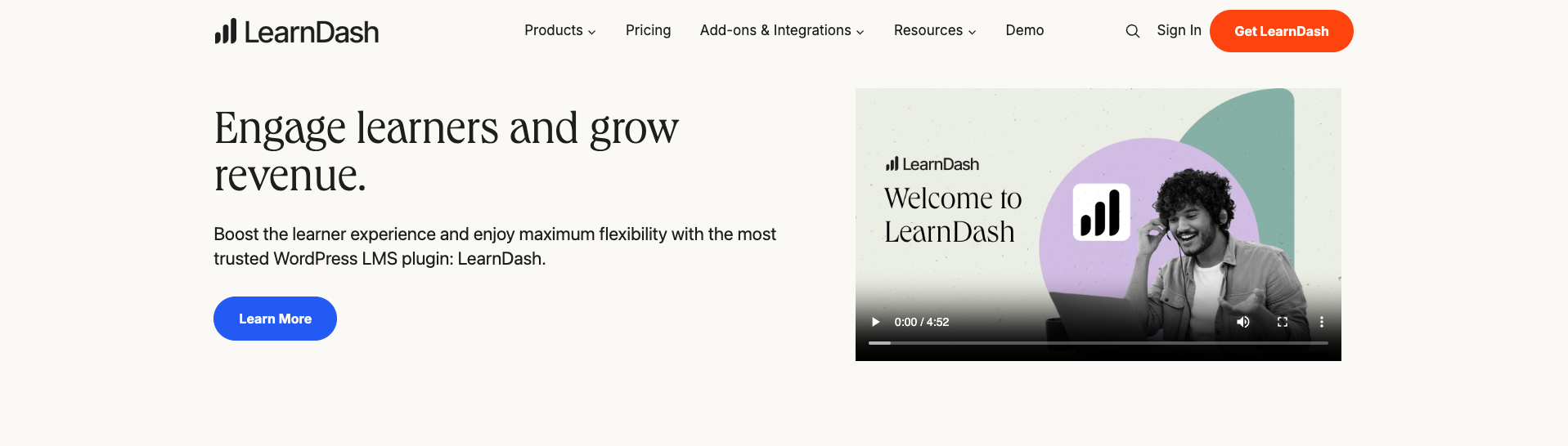 LearnDash hero image. Title: Engage Learners and grow revenue. Boost the learner experience and enjoy maximum flexibility with the most trusted WordPress LMS plugin: LearnDash.